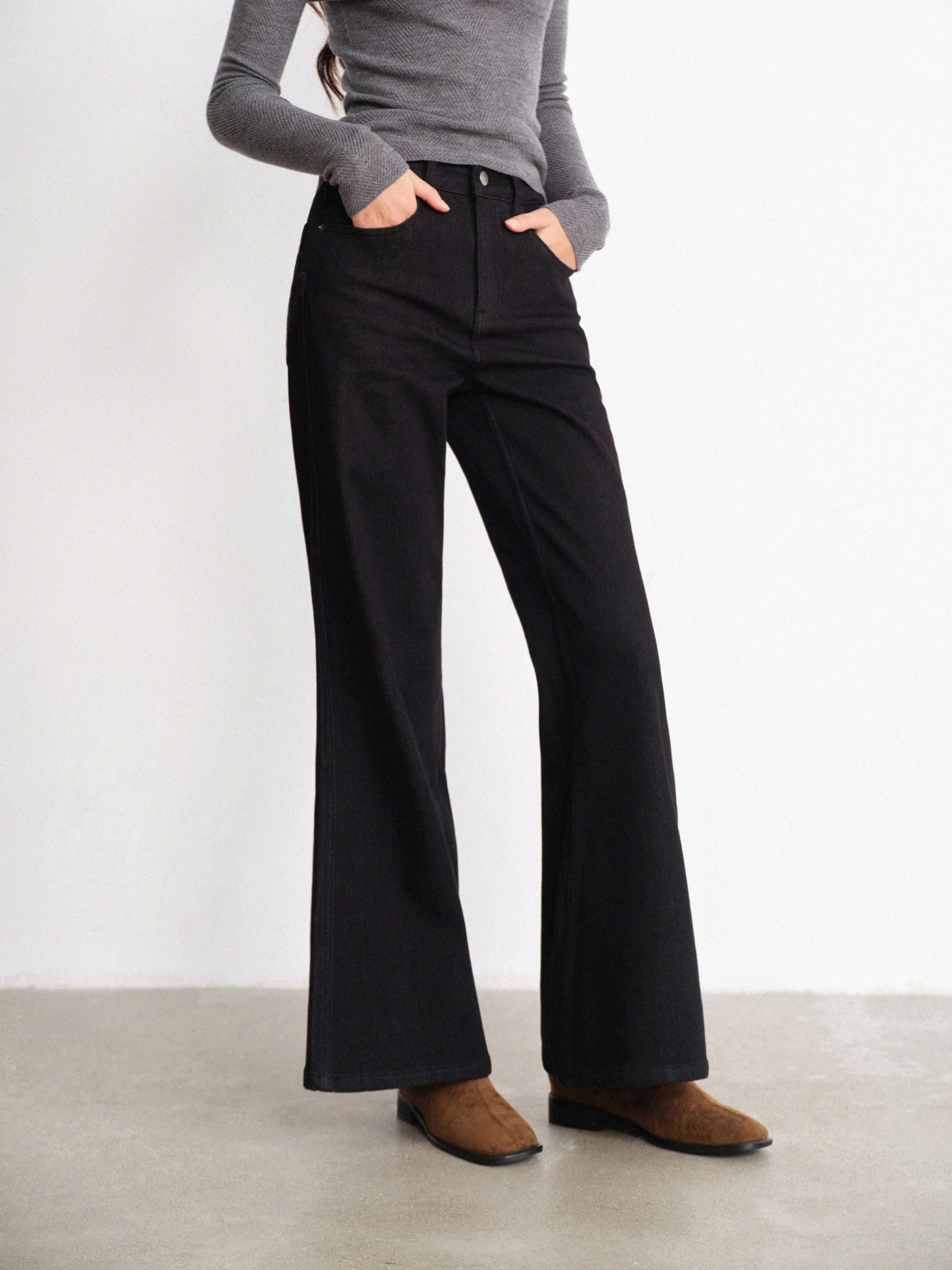 Fleece gevoerde jeans met hoge taille voor dames Gewassen denim Rechte flare-broek Warme stretchbroek voor herfst-winter casual outfit