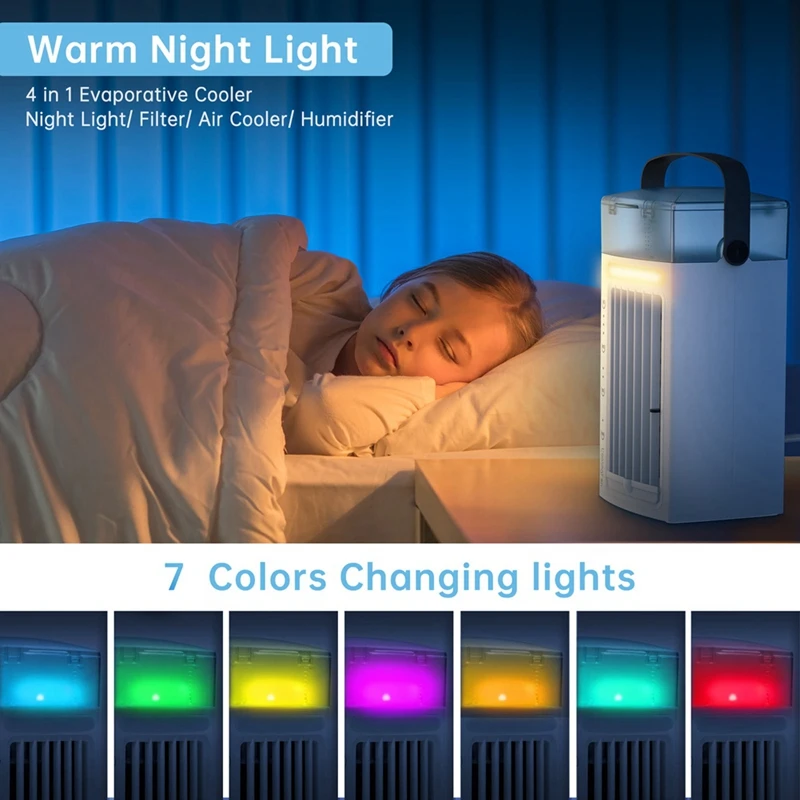 1 Piece 3 In 1 Desk Air Cooler And Humidifier Portable White With 3 Fan Speeds And 7 Colors LED Light For Bedroom