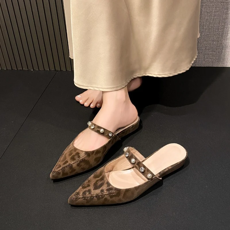 Shallow Mouth Pointed Rhinestone Straight Belt Wedge Cool Drag Autumn New Fashion Non-slip Wrapped Head Half Drag