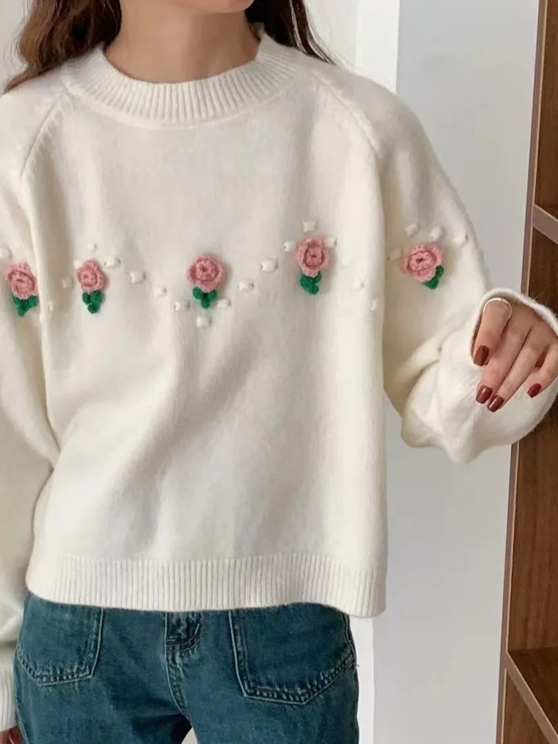 

Korean Sle round Ne Flower Knitted Sweater Women's ort Sweet Lazy Sle Top Polyester Fiber 2025 Autumn New Arrival