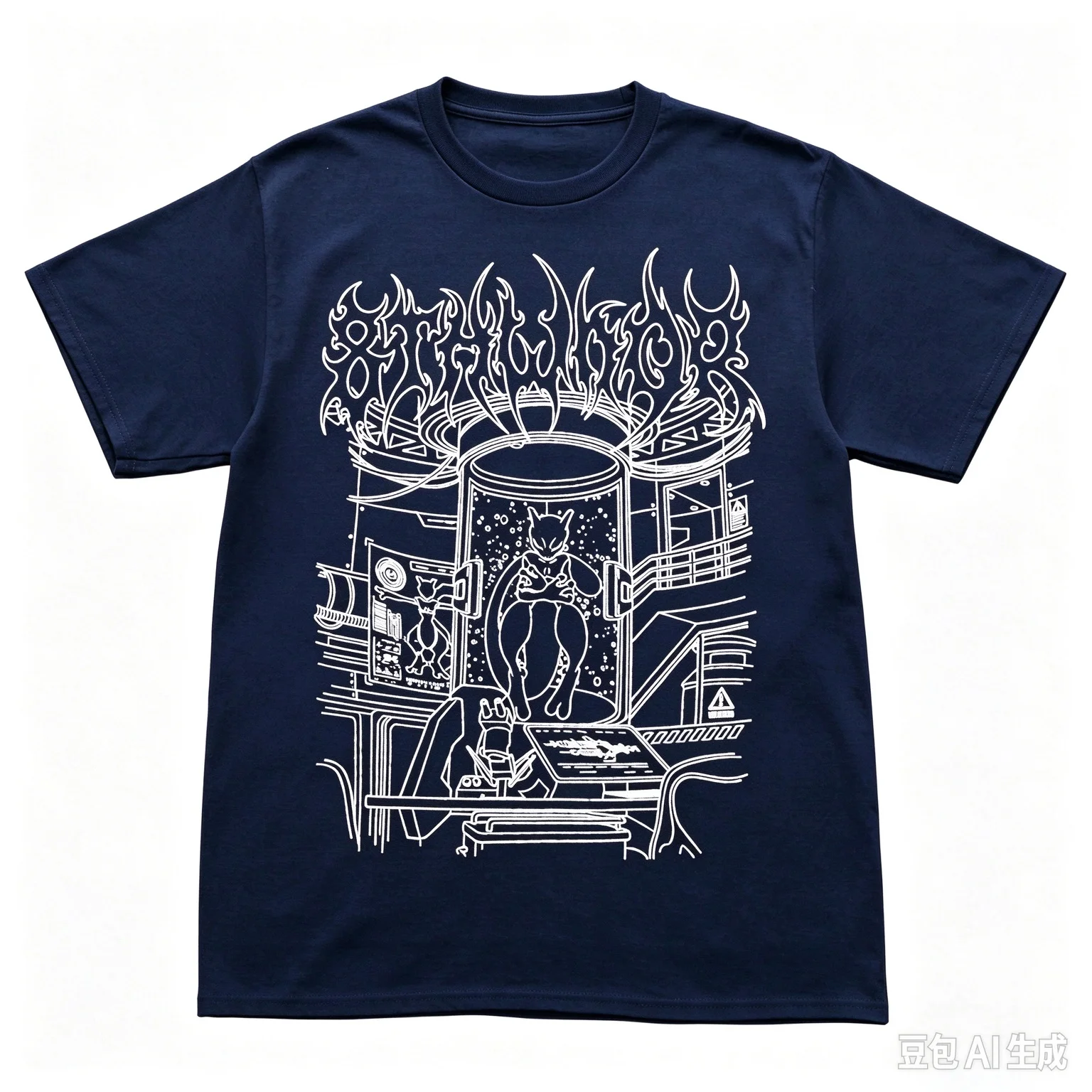 Sci-Fi Lab Monster Line Art Graphic T-shirt Unisex White Sketch Creature in Capsule Print Casual Summer Short Sleeve Streetwear