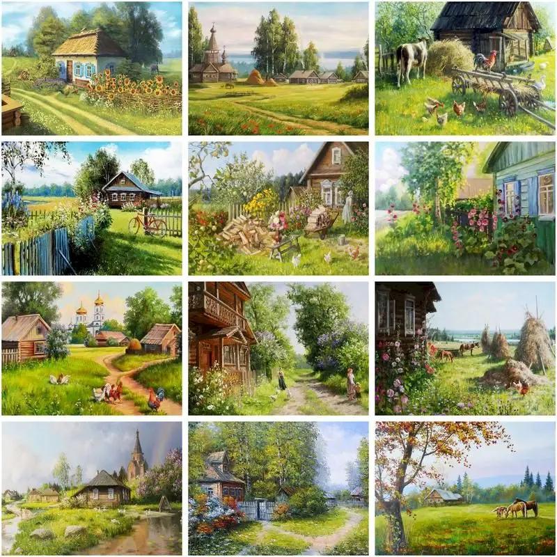 

CHENISTORY Oil Picture By Numbers Hand Painting Beautiful Village Picture Drawing Scenery Painting Numbers Living Room Decoratio