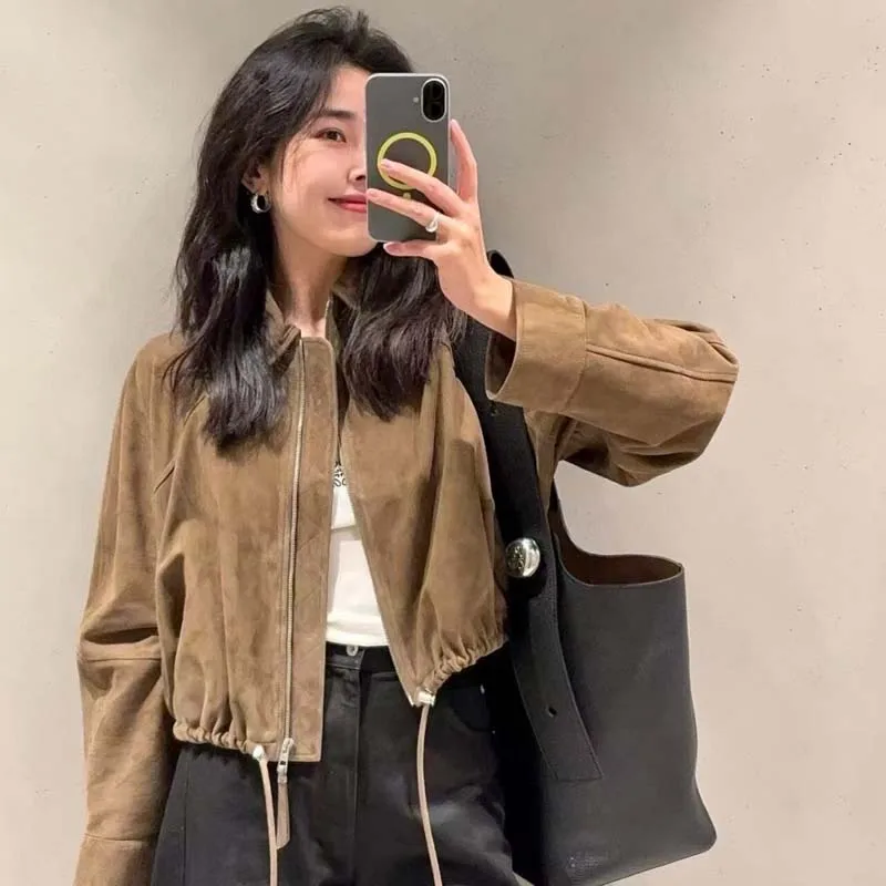 Retro หนังดอกไม้ Bud แจ็คเก็ตผู้หญิงอินเทรนด์เด็ก Suede Drawstring Silhouette สั้นเสื้อ Streetwear Chill Casaco Feminino