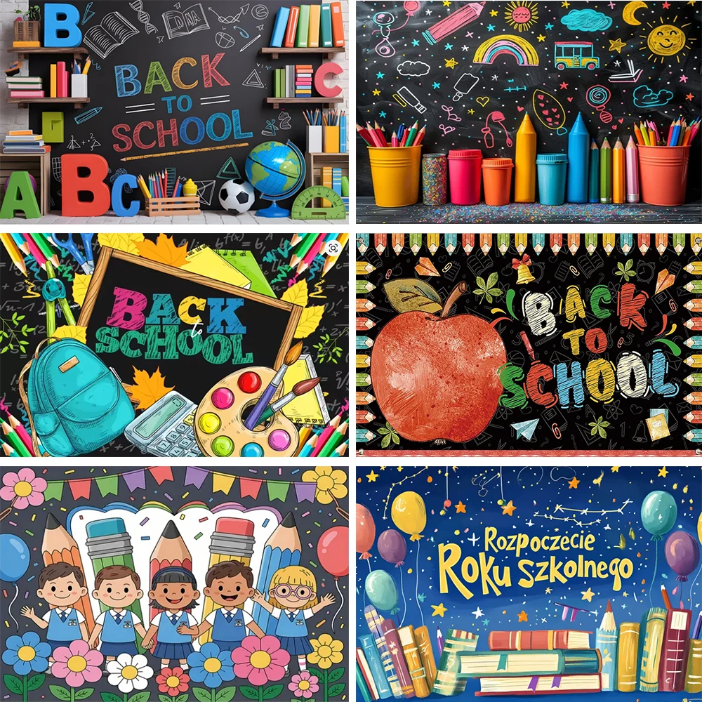

Welcome Back To School Background Banner Black Blackboard Pencil Globe Books Baby Children Graduation Party Backdrop Photo Props