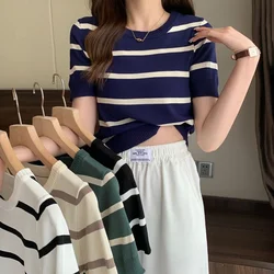 Spring/Summer New Short Sleeved Color Striped Short Round Neck Slim Fit Knit T-shirt For Women,5 Colors