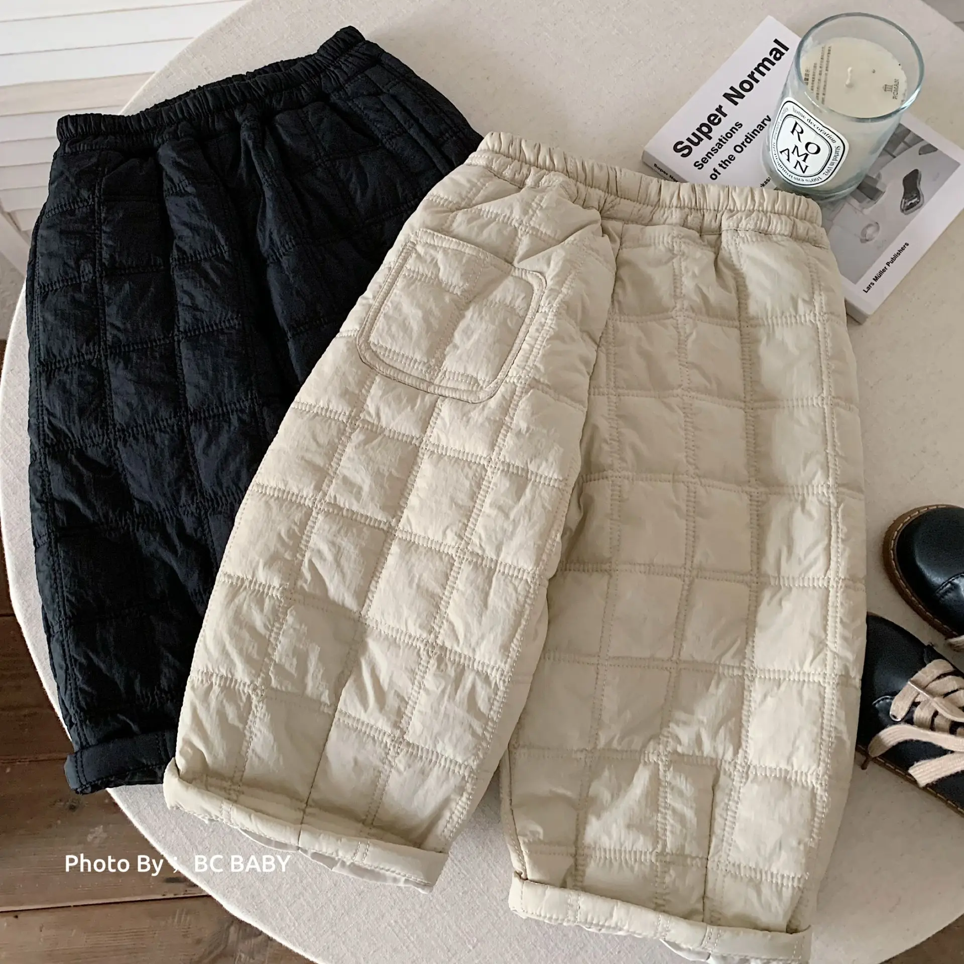 Children's cotton pants 2026 winter new style boys' solid color thick casual baby quilted warm pants trend