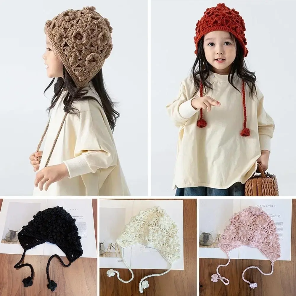 

Breathable Handmade Kids Knitted Hat Hollow Flower Fringed Beret Cap Bohemian Style Casual Princess Cap for Child Girls
