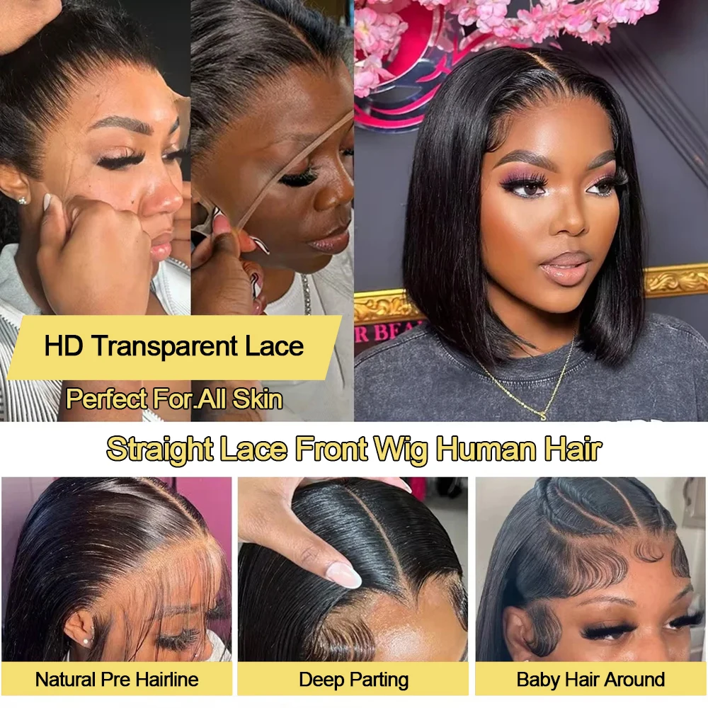 Wig Rambut Asli Straight Bob 13x6 T Part Middle Lace Frontal Pre Plucked 230 Density Brazilian 4x4 Lace Closure Untuk Wanita