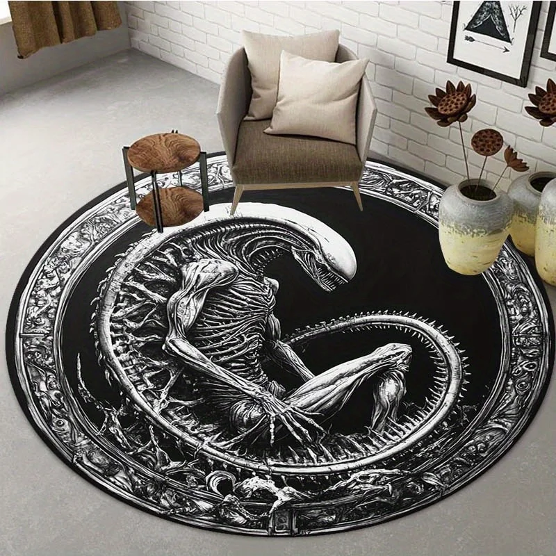 Alien Print Round Rug – Fun Bedroom Dorm Bathroom Chair Mat & Living Room Home Decor Carpet