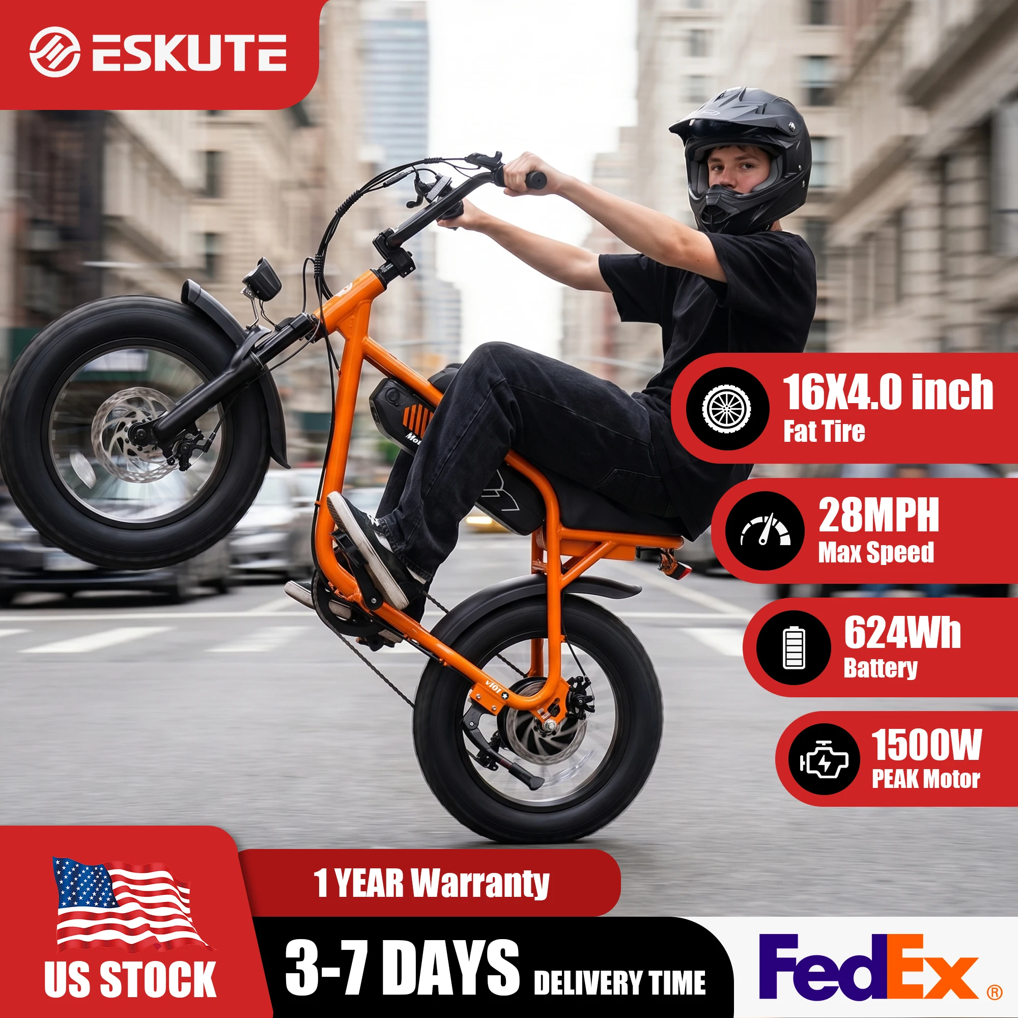 

ESKUTE V101 Electric Bike,16"x4.0 Fat Tire Ebike,1500W Peak,Electric Dirt Bike, 28mph, E bike UL2849, 1 Year Warranty