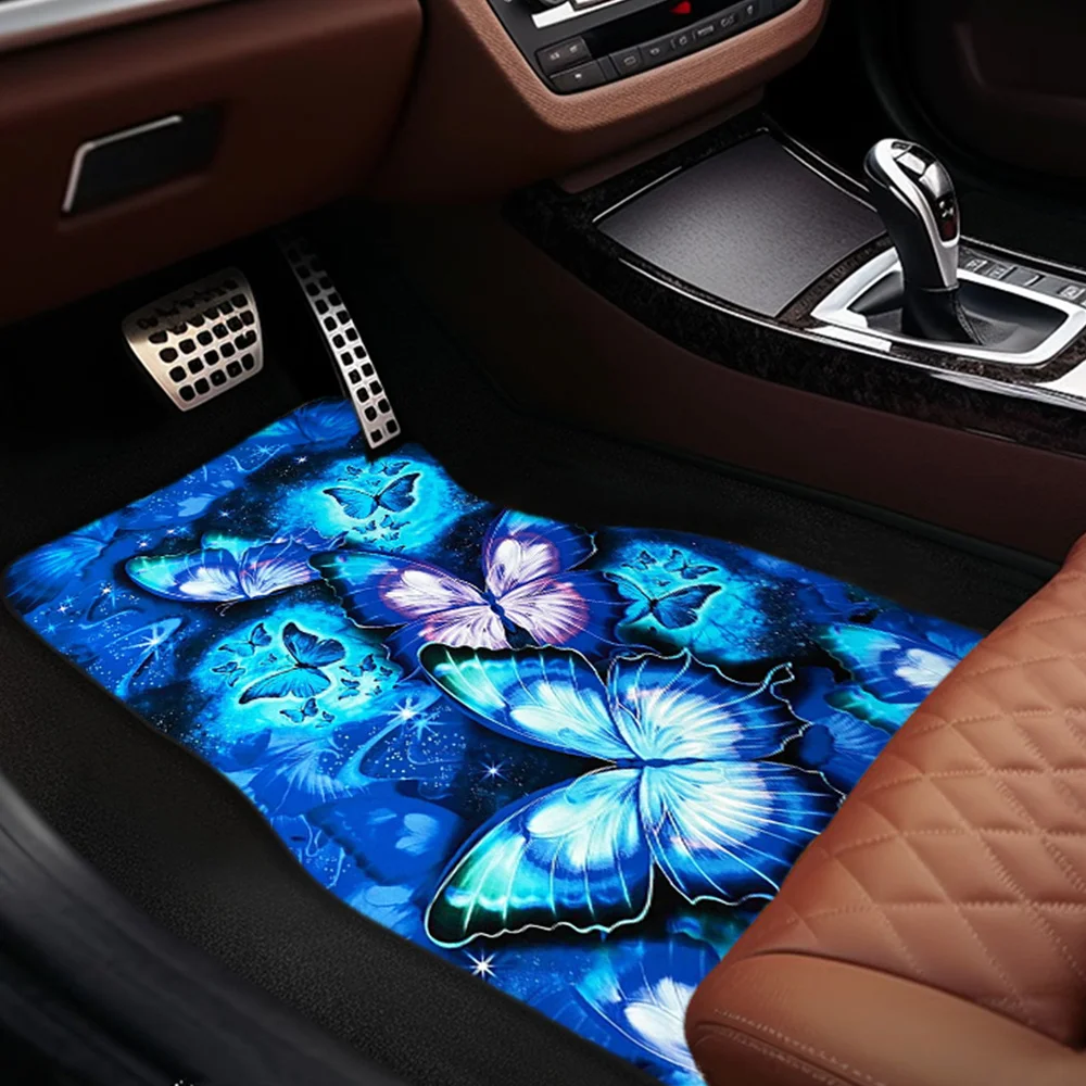 1pc/2pcs/4pcs Blue And Purple Fantasy Butterfly Pattern Fashion Art Car Mats, Universal For All Seasons, Comfortable And Durable