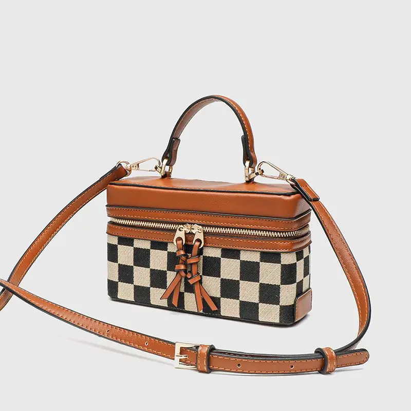 Black Brown Tartan Plaid Vintage Checkered Box Bag Canvas Leather Top Handle Crossbody Shoulder Handbag Large Capacity For Women