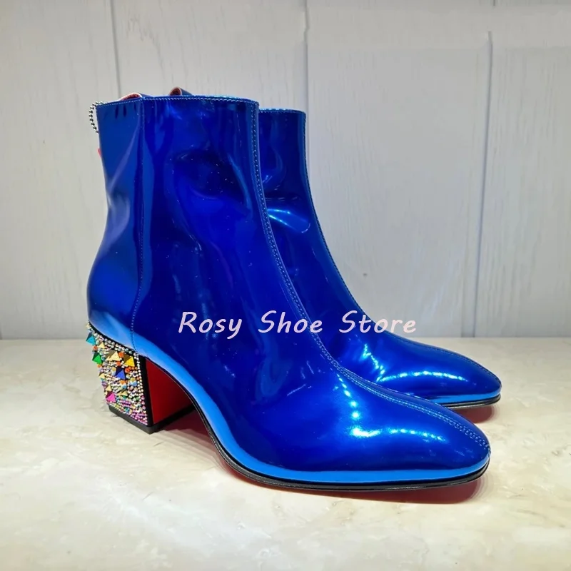 

Personalized Blue Patent Leather Small Square Toe Men's Ankle Boots Colored Diamond Heel Design Side Zip Chunky Heel Short Boots