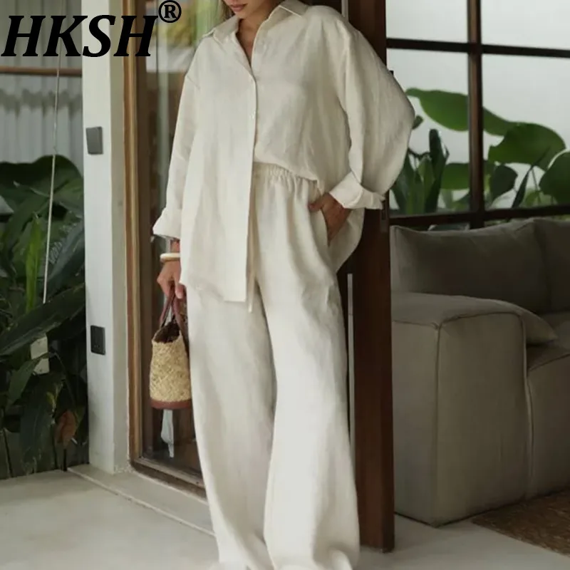 

HKSH весна осень новый женский повседневный хлопковый комплект из двух предметов рубашка с длинными рукавами однотонные брюки с эластичной резинкой на талии HK18146