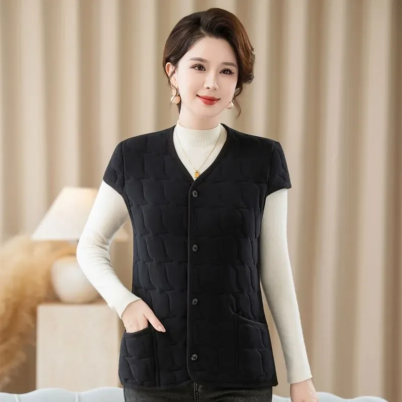 Women Short Sleeve Quilted Vest Middle Aged V Neck Button Warm Sleeveless Waistcoat With Pockets Casual Liner Gilet Plus Size
