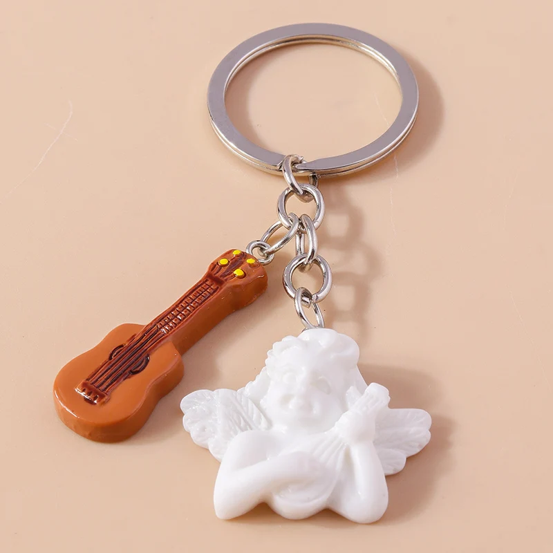 Cute Resin Angel Keychain Mini Musical Instrument Key Ring Pendants for Car Keyholder Handbag Decor Jewelry Gifts for Girls