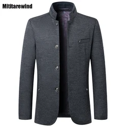 Winter Jackets for Men Business Causal Woolen Coat Classic Stand Collar Solid Wool Blends Coat Simple Middle-aged Mens Clothing