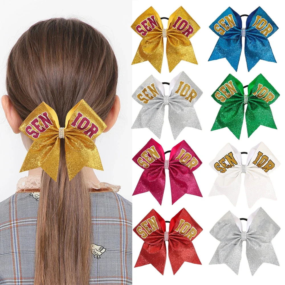 Oaoleer 7inch Glitter Cheer Bows for Little Girls Cute Elastic Hair Bands Kids Pearl Bow Hair Ties Letter Hair Accessories Gifts