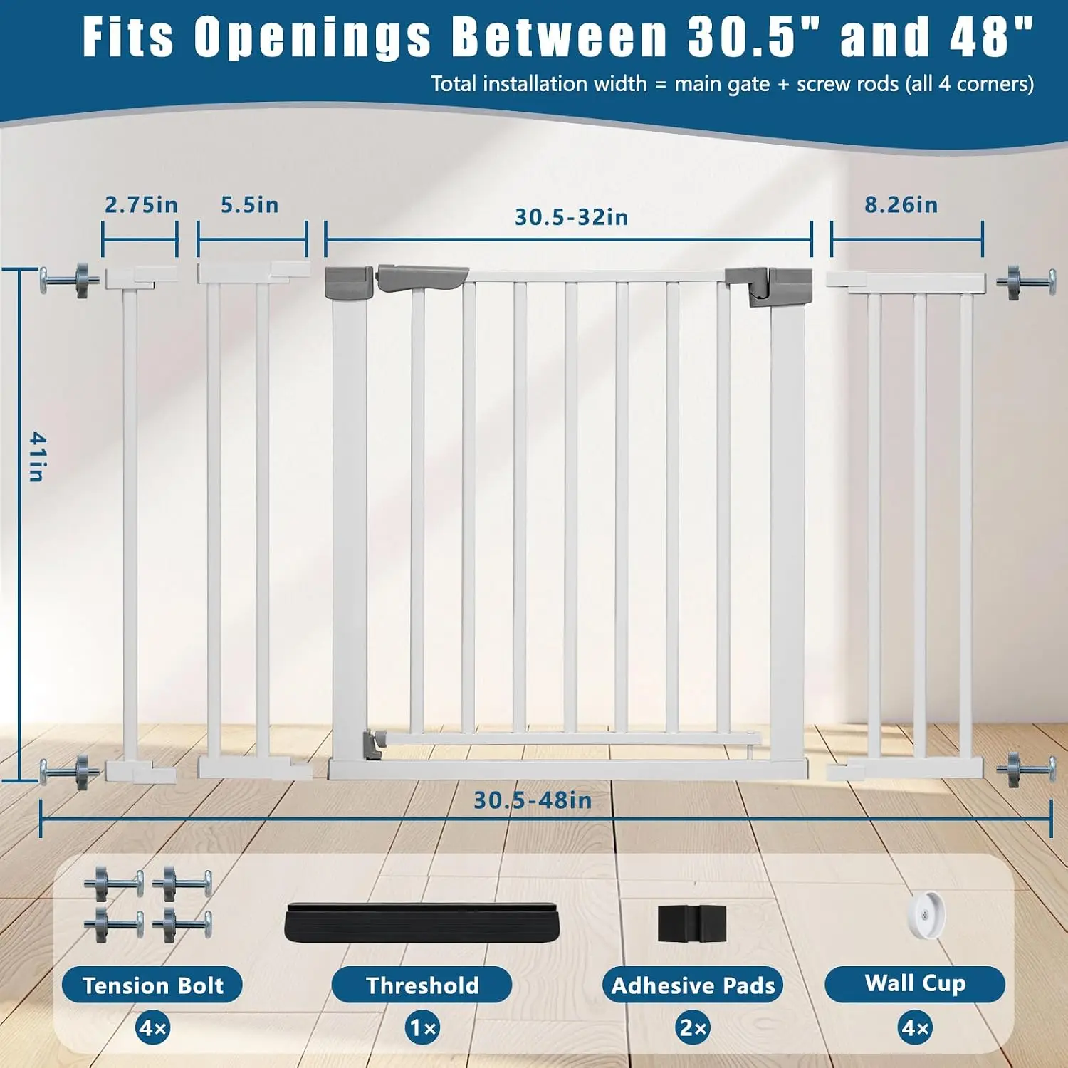41 Inch Tall Safety Pet Gate Adjustable 305 48 Inch Wide White Auto Close Cat Gate Suitable Stairs Doorways Pet Barrier