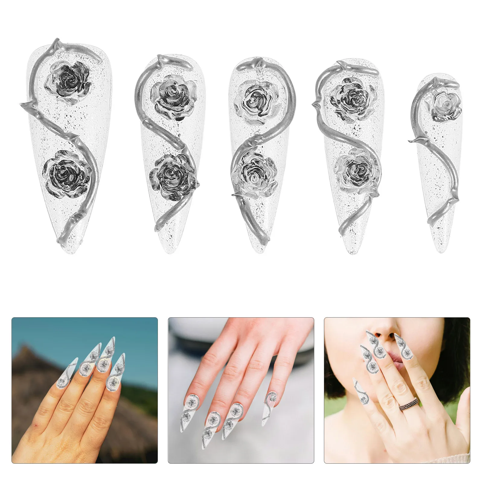 

10Pcs Rose Nail Charms Clear Press on Nails Thorny Metal Flower Design Reusable Full Cover Fake Nails for DIY Manicure Women