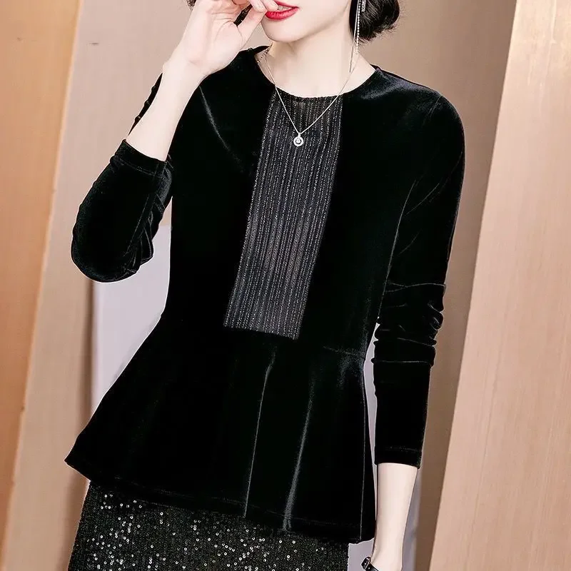 Vintage Waist Spliced Velvet Blouse Autumn Casual O-Neck Female Clothing All-match Solid Color Fashion Bright Silk Shirt Z304