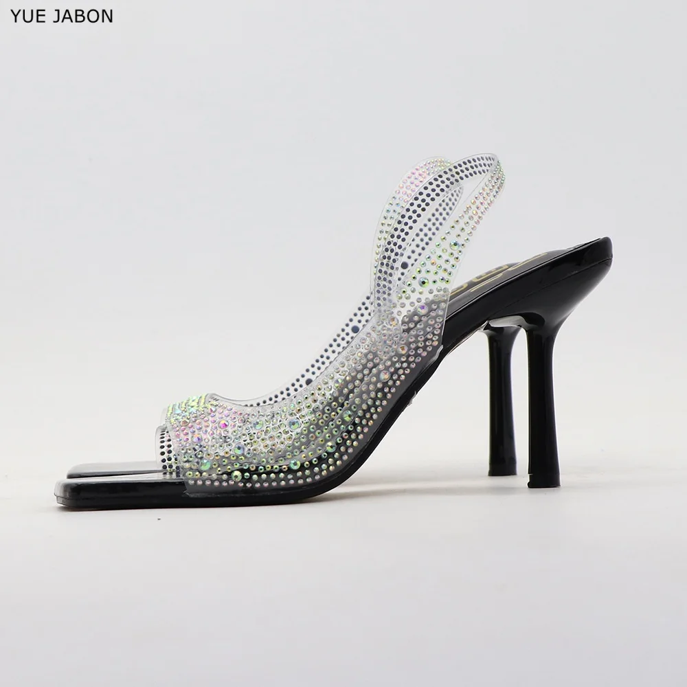 

Новые женские туфли на высоком тонком каблуке с квадратным носком, стразами и прозрачным открытым мыском, модель 2026 года, для вечеринок и свадеб