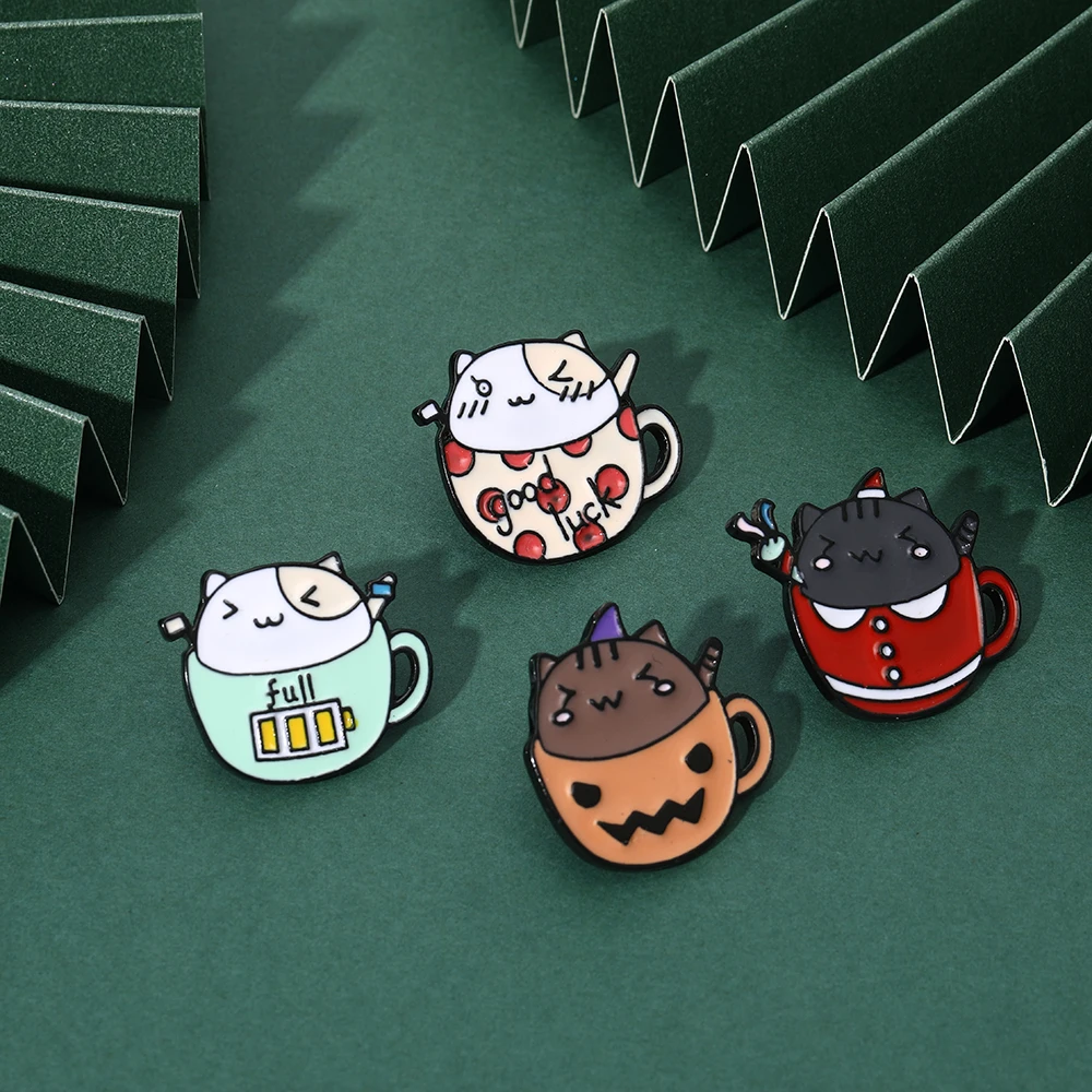 14 Styles Cartoon Teacup Poodles Enamel Brooches Letter Good Day Luck Music Sleep Hungry Happy Birthday Cup Cats Shaped Pins