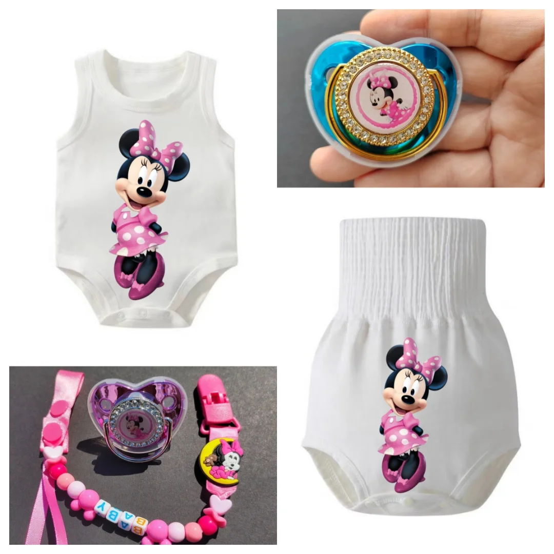 Anime Print Minnie Mouse Deluxe Baby Pacifier with personalized chain clip Newborn baby pacifier chupetes personalizados de bebe