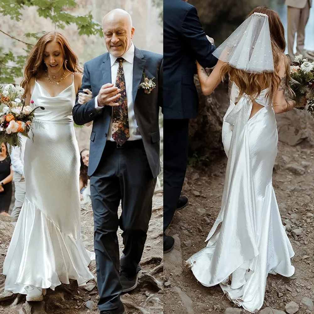 Robe de mariée évasée à volants et col bénitier, tenue de mariage à bretelles Spaghetti, dos nu avec cravate en ruban, coupe basse