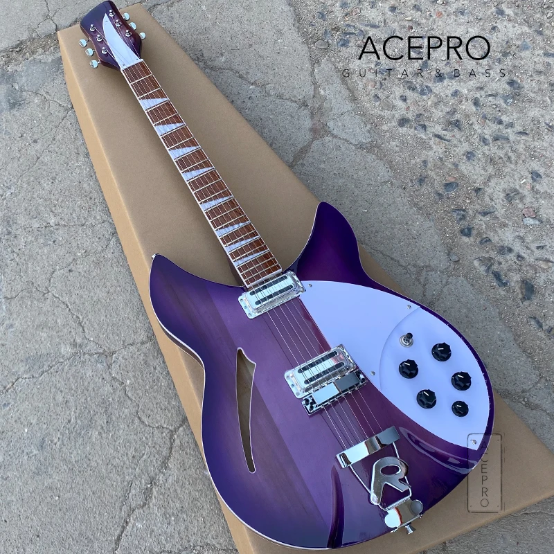 Purple Color 360 Electric Guitar Semi Hollow Body, R Shaped Tailpiece, 6 String Guitarra, Rosewood Fingerboard, Free Shipping