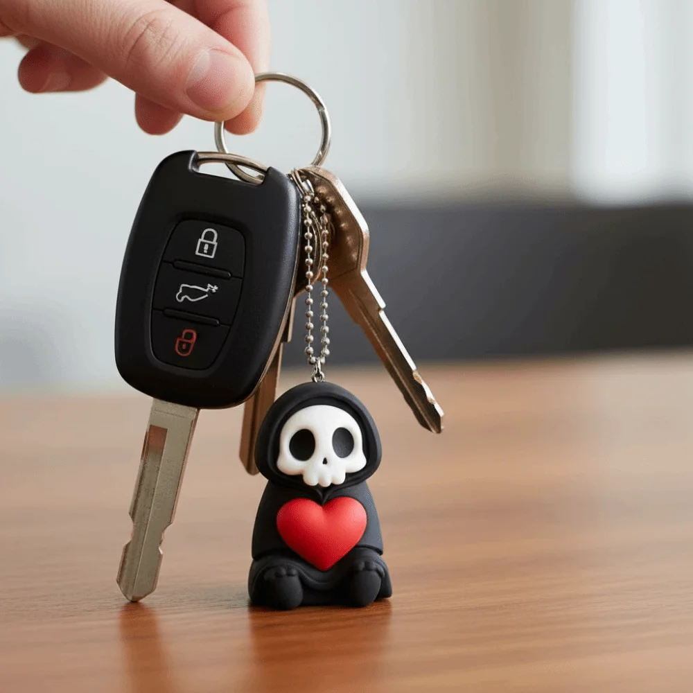 Love Heart Ornament Miniature Skeleton Keychain Cute Black Halloween Pendant Creative PlA Grim Reaper Figure Keys