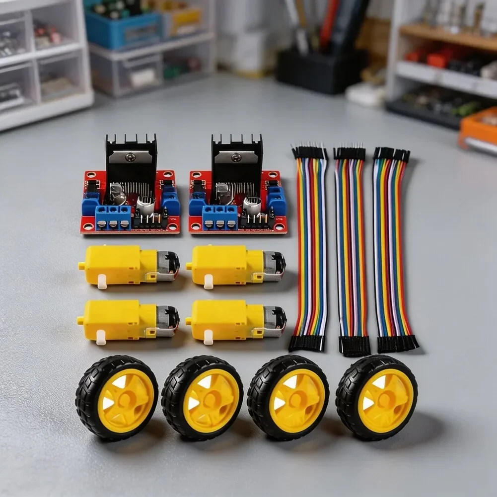 4Pcs 3-6V Dual Shaft Geared DC Motor Kit With Wheels For Smart RC Cars Robots Compatible With For L298N 1:48 Gear Ratio