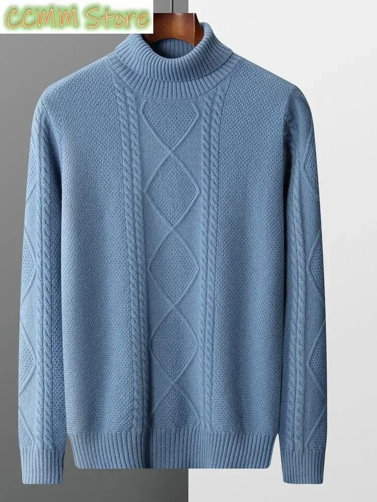 Men Turtleneck Cashmere Sweater Autumn Winter Thick Pullover 100% Merino Wool Knitwear Twist Flower Knitting Warm Casual Tops