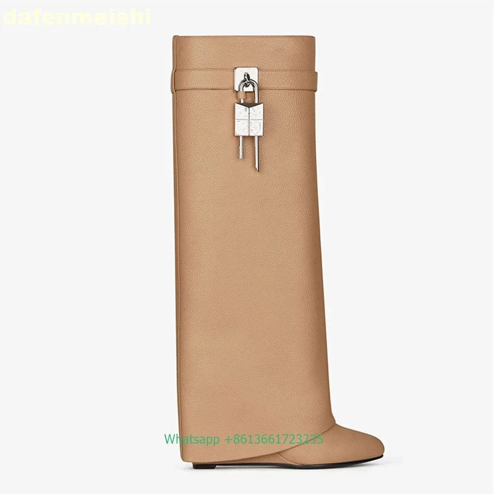 Classic Style Metal Lock Shark Boots Fiber Leather/cowhide Solid Color Fashion Women Knee-High Boots Platform Wedges Trend Shoes