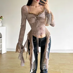 New Women's Solid Color Slim Fit with Exposed Navel Fashion V-neck Hanging Neck Long Sleeved Top for Women