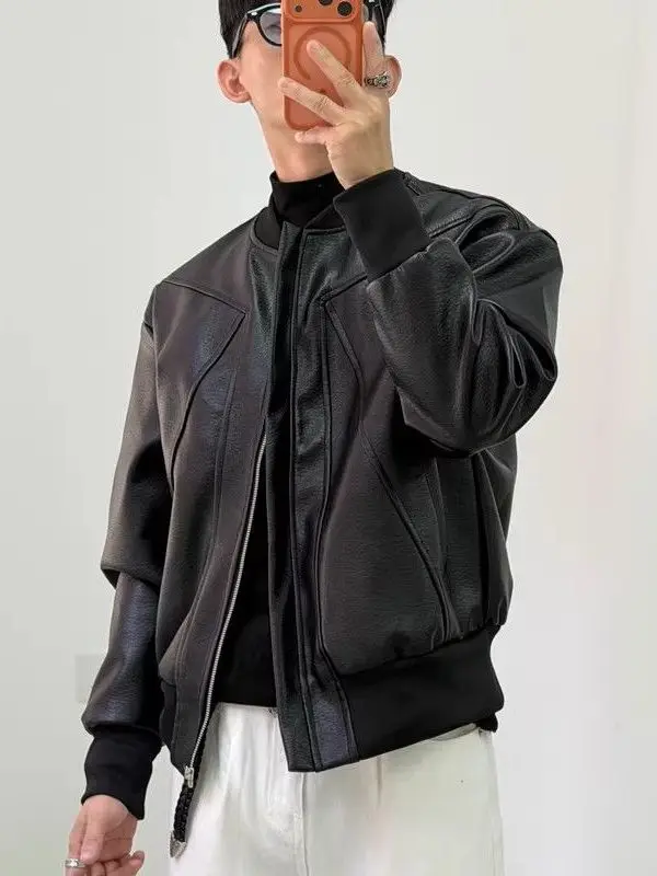 

Мужская мотоциклетная куртка Bla American Deconstructed из искусственной кожи с хлопковыми вставками, весенняя, повседневная, с высоким глянцевым блеском