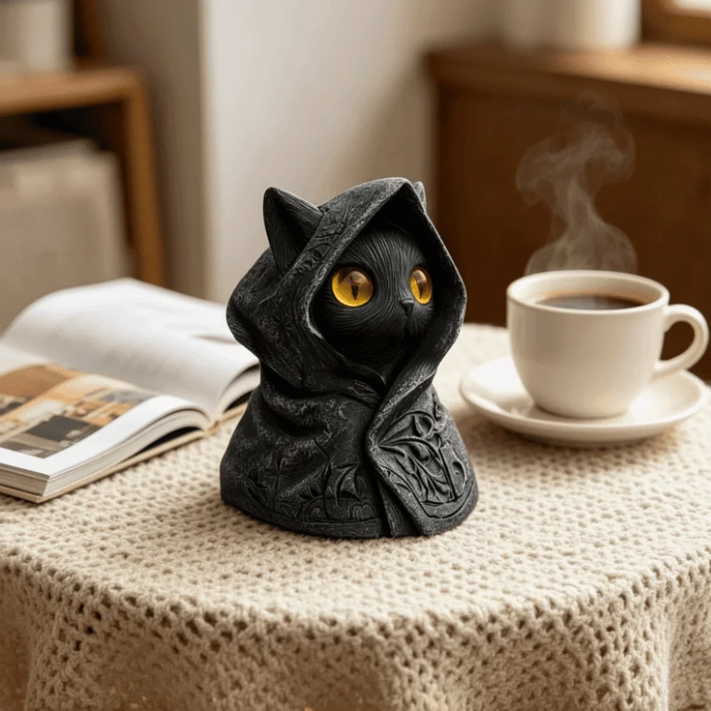 Personality 3D Printed Cat Sculpture Decoration Gothic Mystical Cat Statue Hooded Cloak Cat Ornaments Home Decor
