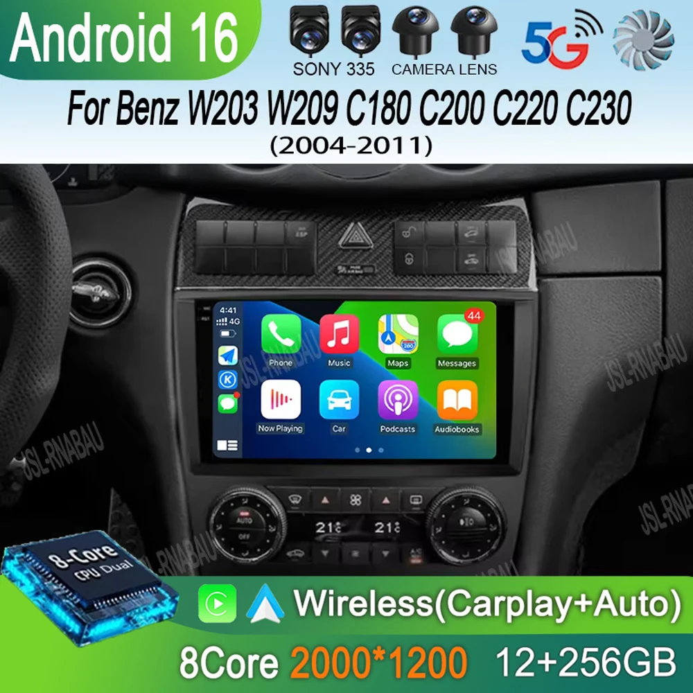 

Автомагнитола Android 16 Carplay для Mercedes-Benz W203 W209 C180 C200 C220 C230 2004-2011, навигация GPS, мультимедийный плеер, Wi-Fi+4G, Bluetooth, Auto