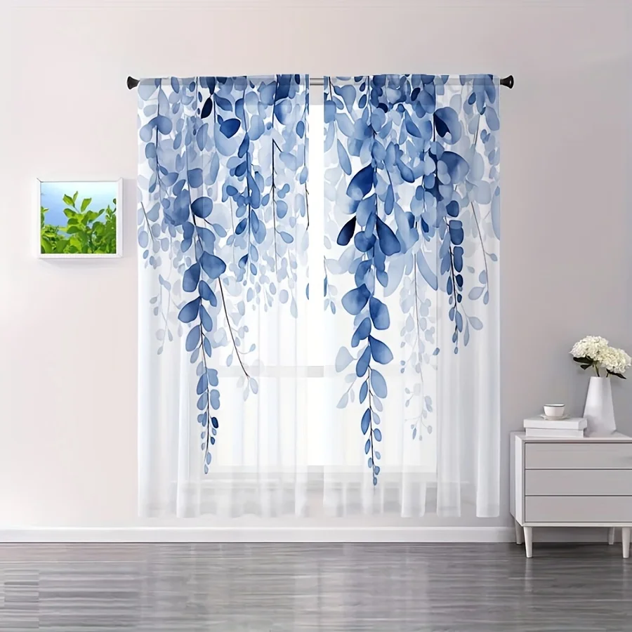 2PCS Blue Leaf Pattern Transparent Curtain, Suitable for Decoration in Living Rooms, Dining Rooms, Bedrooms, Living Room Curtain