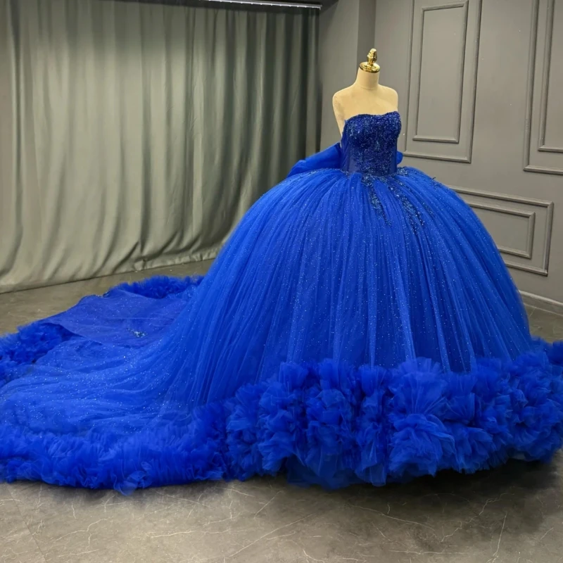 

Royal Blue Shiny Ball Gown Quinceanera Dresses Off The Shoulder Applique Lace Tiered Tull Beads Corset Party Birthday Sweet 16