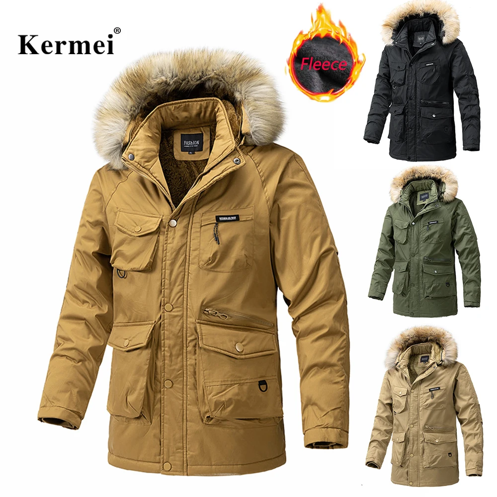 2024 Men Winter Casual Thick Warm Cotton Parkas Autumn Windproof Vintage Quality Jacket Coats Fur Collar Fashion Hat Parka Male