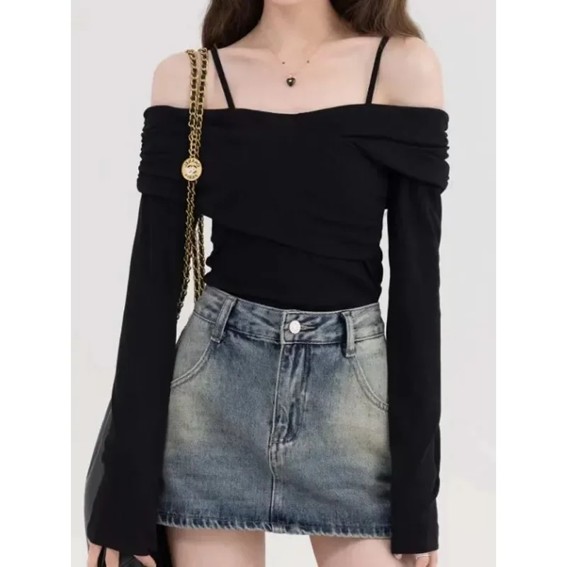 

Sexy Off Shoulder T Shirt Slim Y2k Aesthetic Tees Women Spring Long Sleeve Backless Tops Ladies Korean Fashion Pullovers