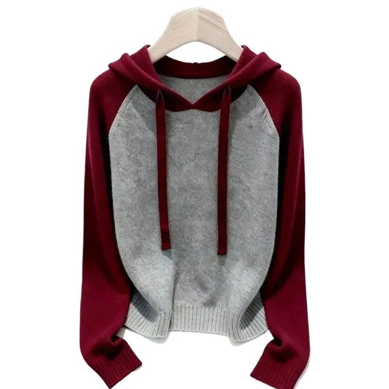 Women Contrasting Color Splicing Knitted Sweater Jumper Autumn Winter New Drawstring Hooded Knit Tops Female Sweater Pullover