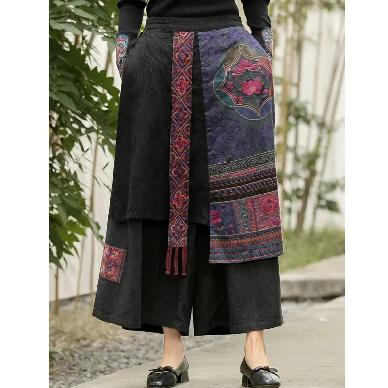 

Ethnic Harajuku Women Pants Skirts Chinese Style Vintage Long Wide Leg Skirt Pants Cotton Linen Tassel Patchwork Embroidery New