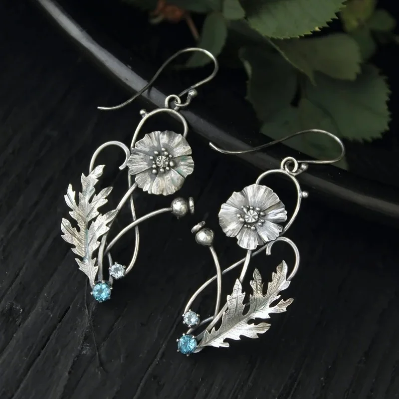 BKBK Antique Silver Curved Wire Poppy Flower Leaf Blue Crystal Long Wire Hook Dangle Women Earrings Wedding Earrings for Valentine Christmas Spring Nature Boho Bridal Jewelry for Brides Bridesmaids Adult Ladies Garden Party Occasion