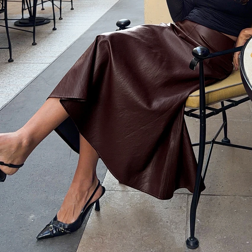 Linad Vintage Wine Red PU Long Skirts For Women 2026 Autumn Street Chic Zipper Mid Calf Skirt Elegant Loose High Waist Skirts