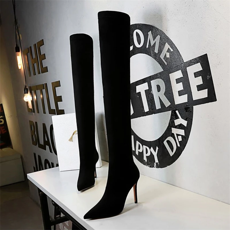 BIGTREE Fashion Simple Winter Women\'s Boots Slim High Heel  Short Plush Winter Warmth Sexy Nightclub Skinny Over Knee Boots