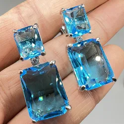 Luxury Square Blue Zircon Stones Earrings Exquisite Fashion Silver Color Metal White Stone Engagement Wedding Dangle Earrings