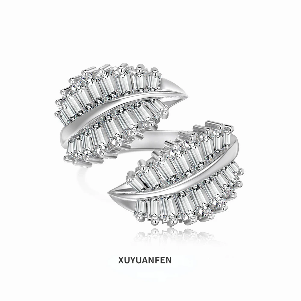 XUYUANFEN Xiaohongshu New S925 Sterling Silver Open Ring Women's Symmetric Leaf Design with Zircon Inlaid Design, Versatile