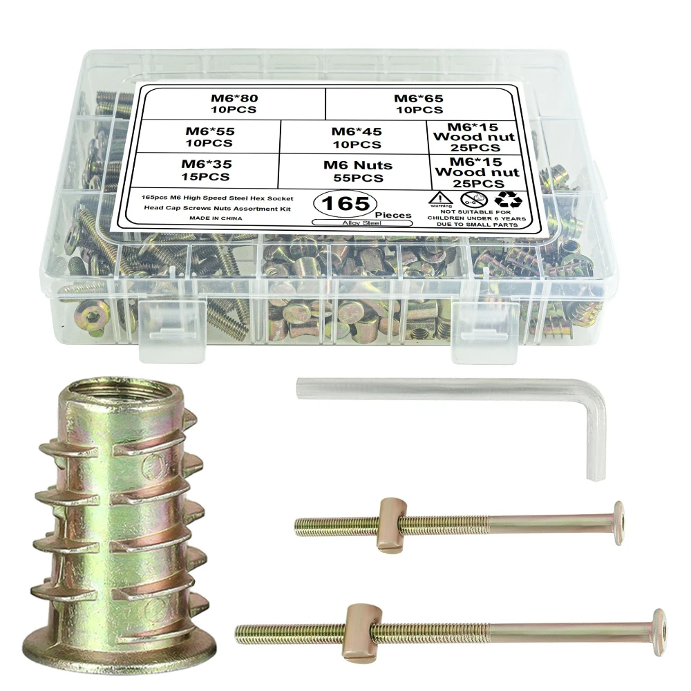 

165pcs Carbon Steel Screws Color Zinc Chamfered Hexagon Socket Screws with Embedded Nuts M6 Screws for Wooden Frame Bed Wardrobe